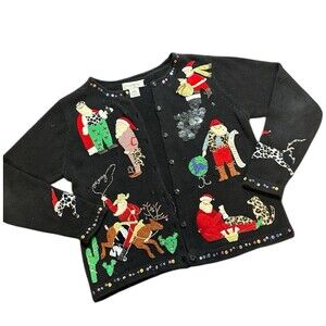 Christmas Sweater Santa Claus Susan Bristol Sz M Cowboy Pajamas Embellished VTG